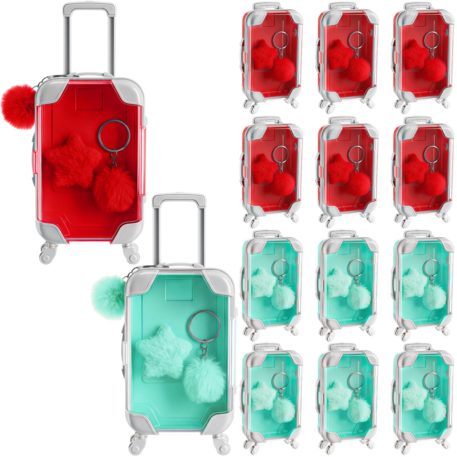 Photo 1 of LemonRoad 36 Pcs Mini Suitcase Party Favor Box with Plush Ball Keychain and Hair Clips 6.69 x 3.74 x 1.97 Inches Clear Mini Suitcase Gift Box for Travel Baby Shower Wedding(Green, Red)