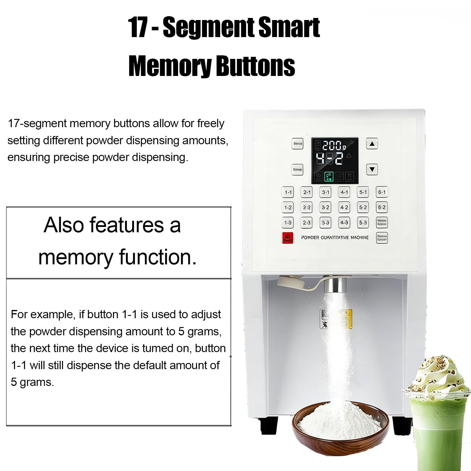 Máquina dispensadora automática de polvo, 17 botones de memoria, capacidad de 3,5 L, ideal para aplicaciones de café, té, cacao y crema