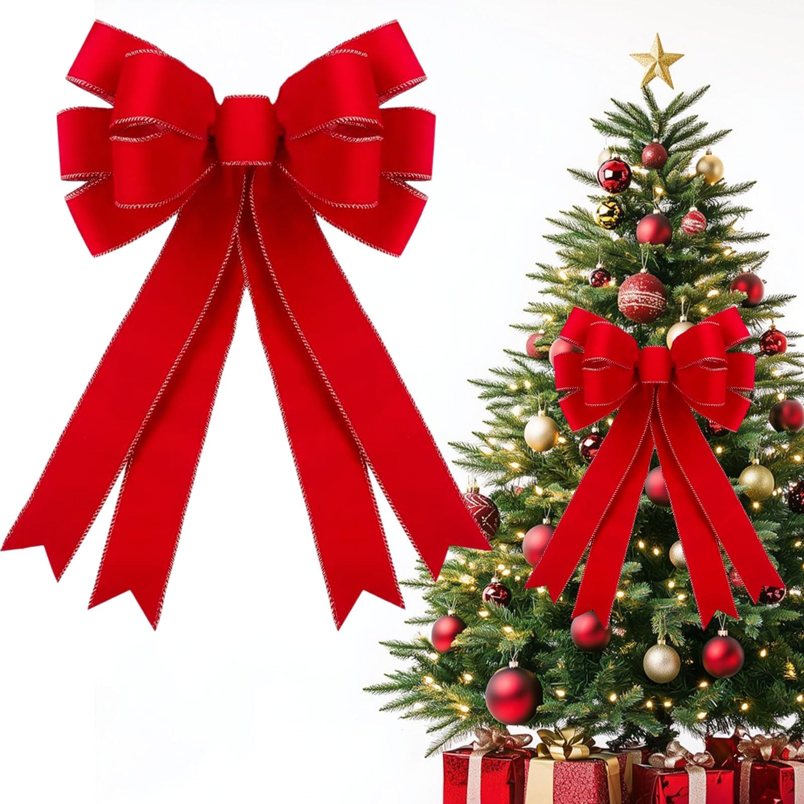 Red Bows Christmas Tree, Large Christmas Tree Bows Christmas Decorations Glitter Bows for Gift Wrapping, Christmas Tree Decorations, Christmas Decorations (I)
