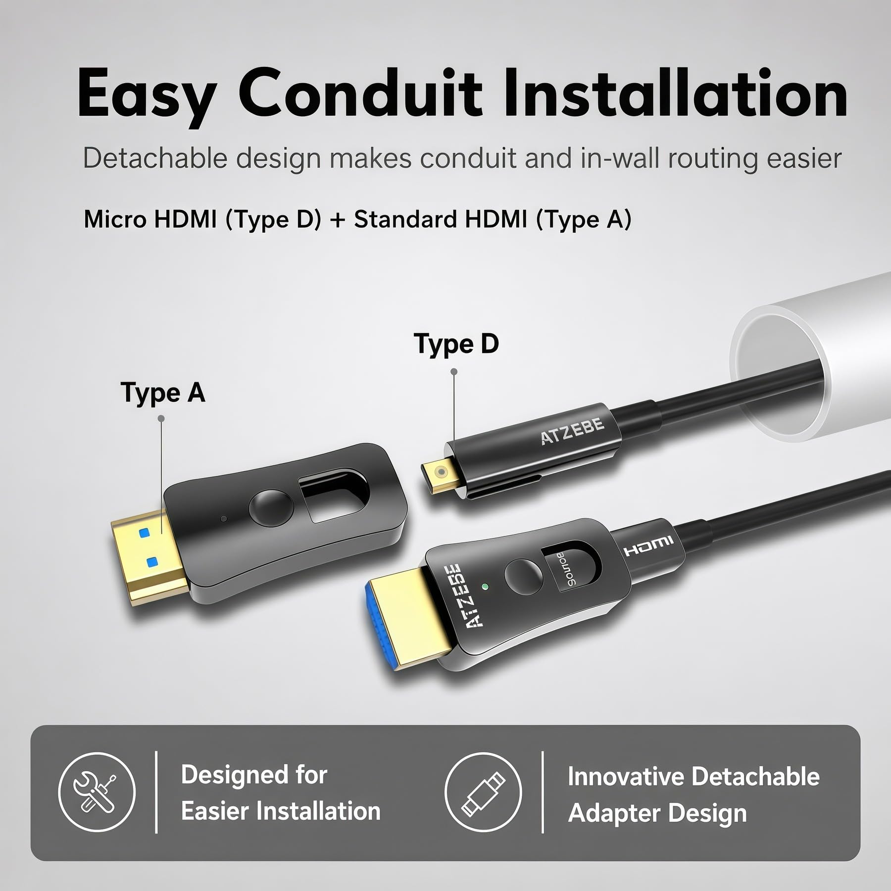 Światłowodowy kabel HDMI 10 m, kabel HDMI 2.0 obsługuje 4K przy 60 Hz HDR, wysoka prędkość 18 Gb/s, YCbCr 4:4:4 8bit, 3D, ARC, HEC, CEC, HDCP 2.2 z podwójnym standardowym złączem HDMI i micro