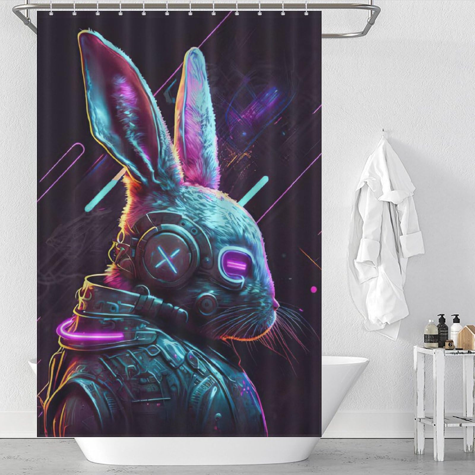 Rideau de douche imperméable et lavable en polyester motif lapin