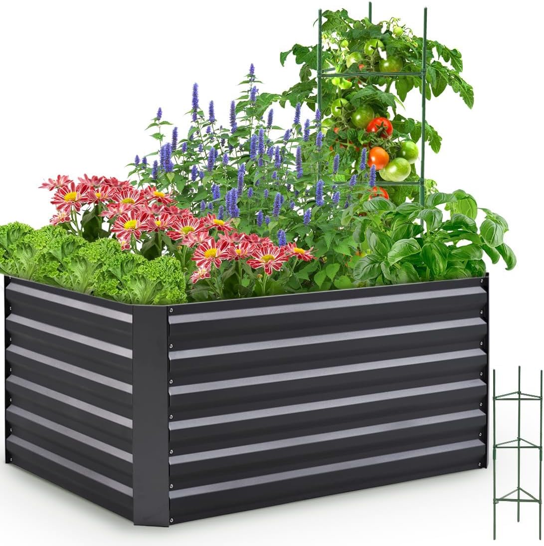 quictent galvanized raised garden bed 4x3x2ft tall garden bed extra height 22.4" hold 24cft soil outdoor heightened planter box for deep root vegetables herbs tomato cage included, dark grey