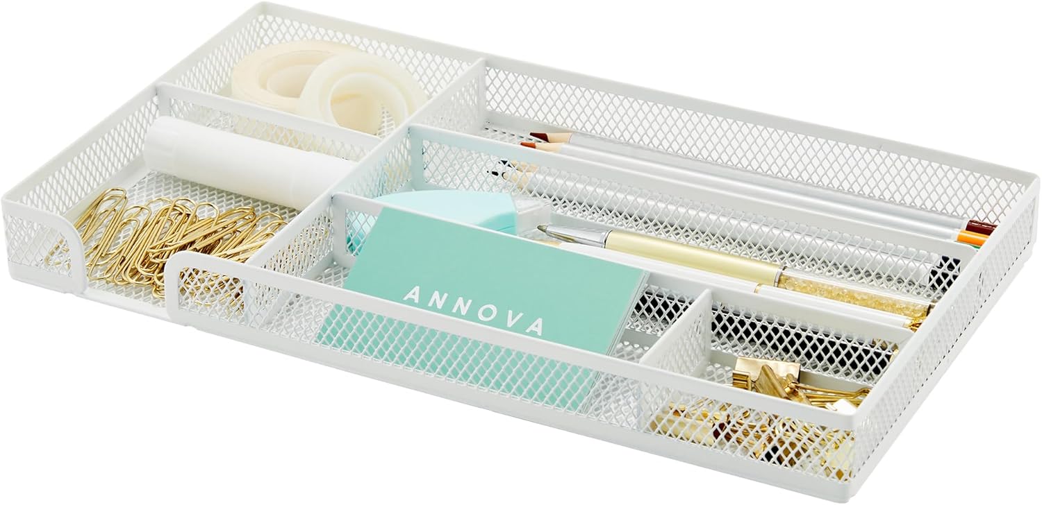 Annova Desk Drawer Organizer Tray for Office Organization - Metal Mesh - Storage Tray with Dividers for Pens, Desktop Accessories, Bathroom, Kitchen, Makeup and Office Supplies (Small, White)