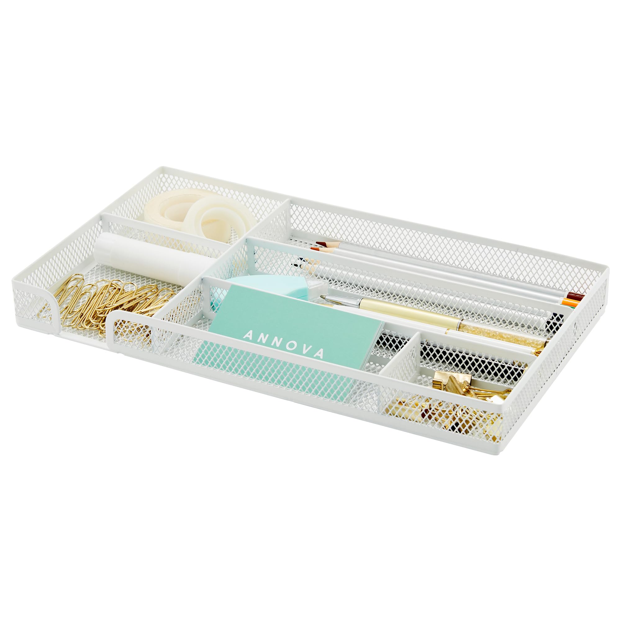 Annova Desk Drawer Organizer Tray for Office Organization - Metal Mesh - Storage Tray with Dividers for Pens, Desktop Accessories, Bathroom, Kitchen,