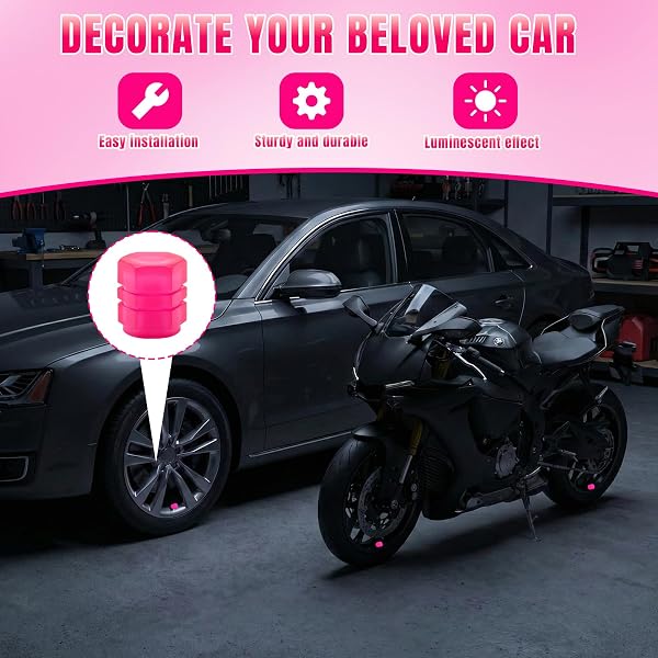 12 Piezas Tapas de Válvulas Luminosas para Coche, Tapones Rueda Coche Fluorescente, Tapones Fluorescentes para Neumáticos, Tapas Luminosas Accesorio Universal para Aire Coche Bicicleta Moto (Rosa) - 5