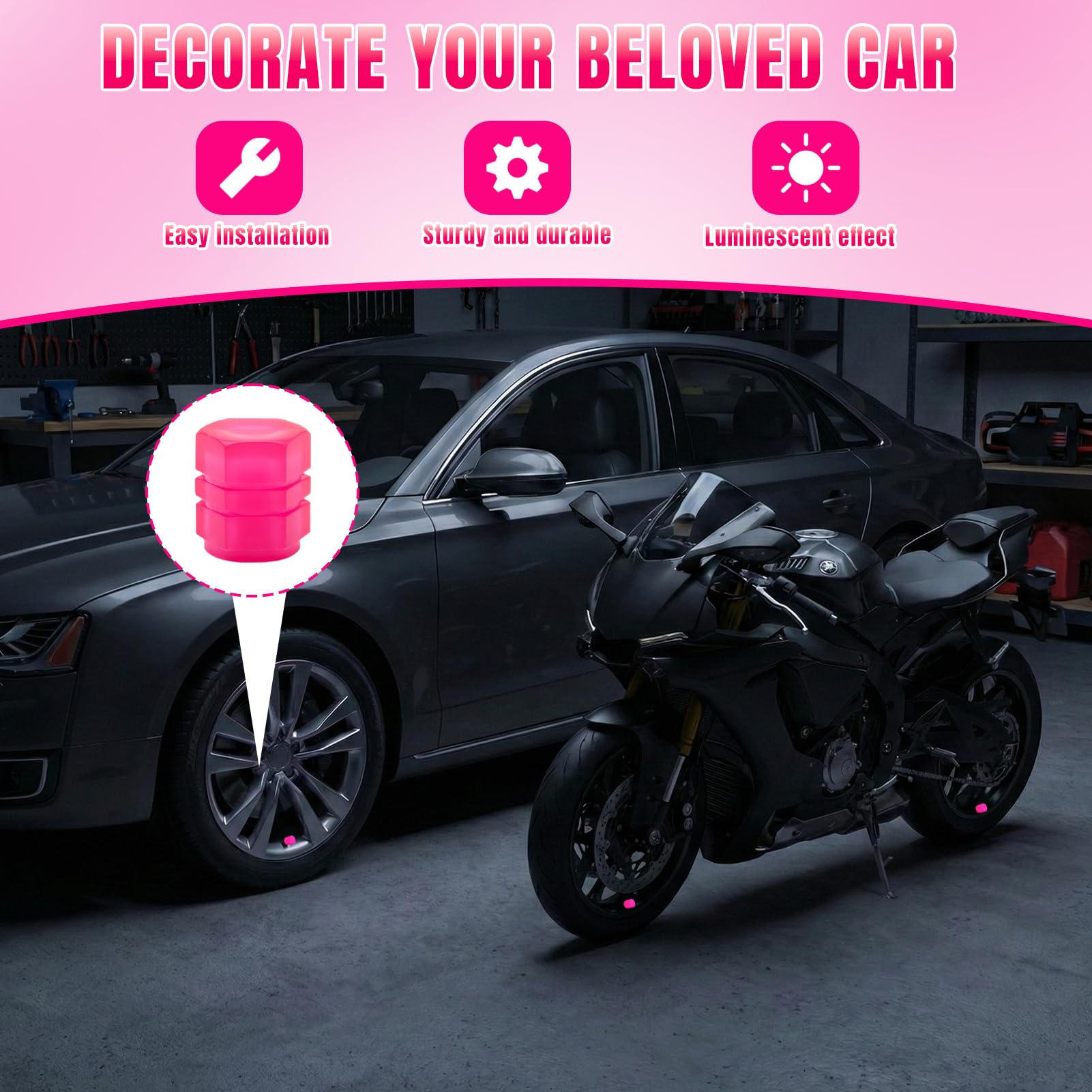 12 Piezas Tapas de Válvulas Luminosas para Coche, Tapones Rueda Coche Fluorescente, Tapones Fluorescentes para Neumáticos, Tapas Luminosas Accesorio Universal para Aire Coche Bicicleta Moto (Rosa) — view 5