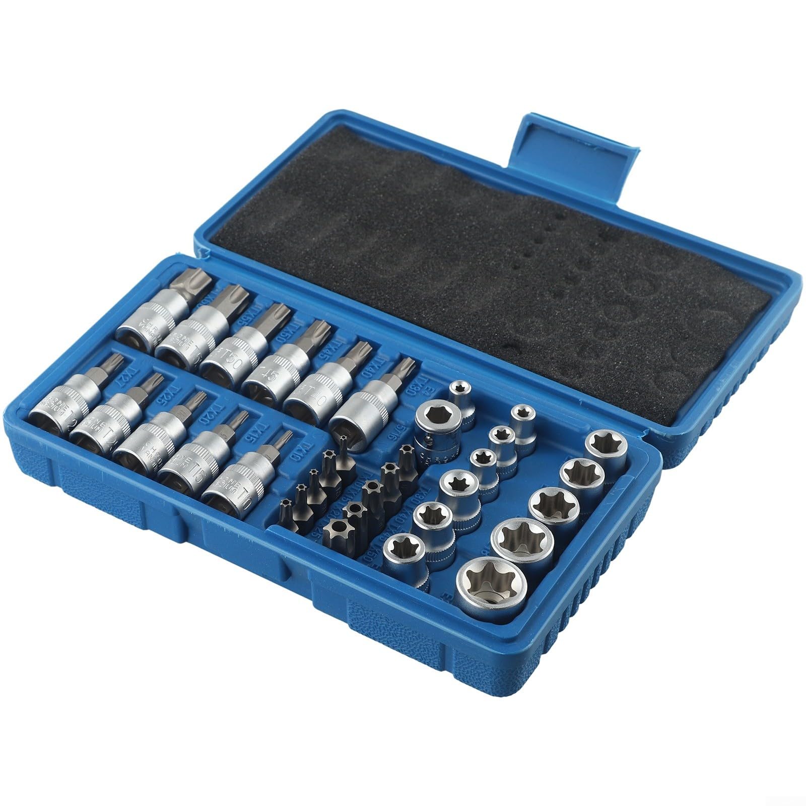 Set di 34 pezzi per chiavi a bussola Torx e punte, in acciaio al cromo vanadio, incluse punte di sicurezza T60, E4-E20 maschio/femmina, riparazione automobilistica