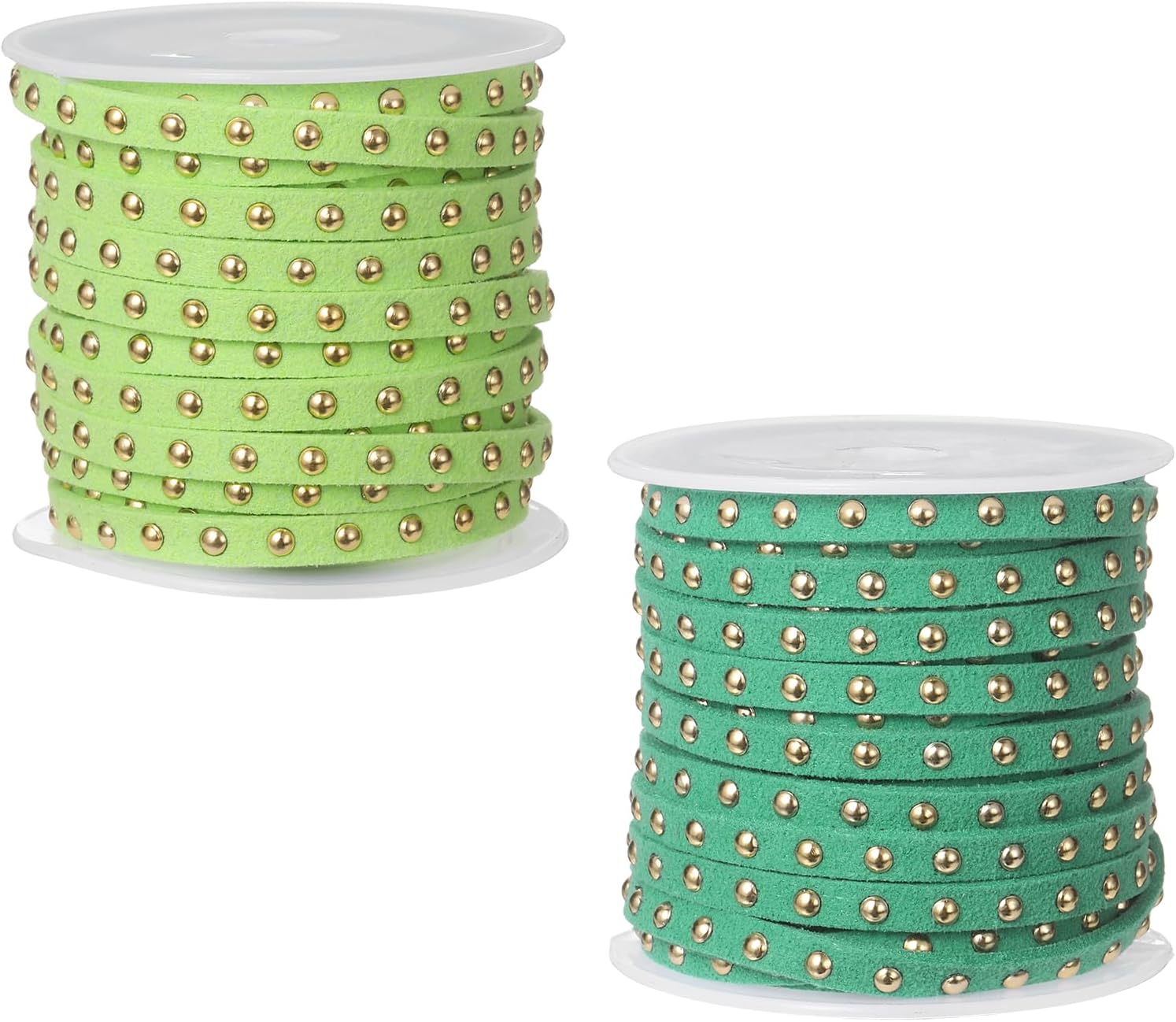 sourcing map 2 Rolls 5.5 Yard Suede Cord, 5mm Wide Studded Faux Leather String Roll Flat Micro Fiber Leather Trims with Gold Rivets for DIY Jewelry Making Crafts Deco, Grass Green/Green