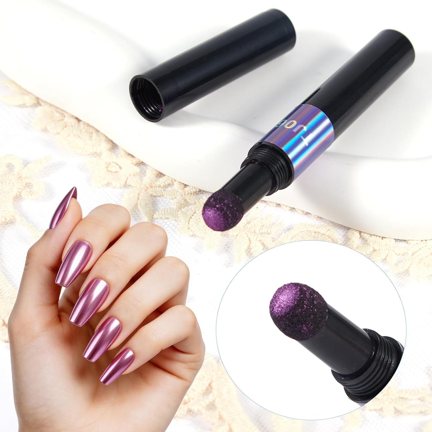 WOKOTO 2pcs Air Cushion Mirror Magic Nail Powder Pens for Nails, Purple & Pink Chrome Applicator Pens with Built-in Magic Chrome Powder, Portable Nail Art Magic Chrome Powder Glitter Pen Pigment Tool