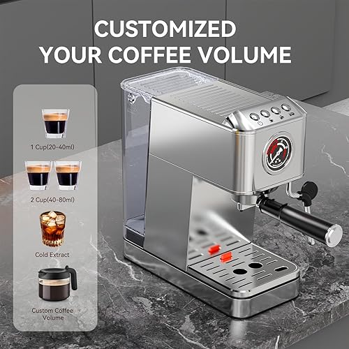 Miniatura 4 de EM623 Máquina de café expreso de 20 barras con espumador de leche de vapor, máquina de café de acero inoxidable con tanque de agua extraíble para