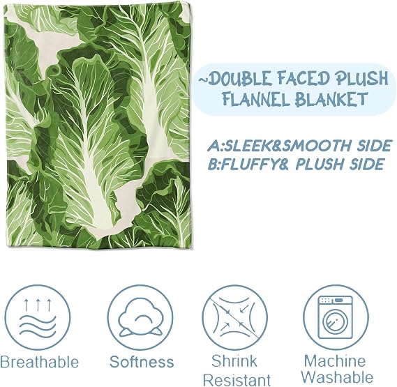 Cabbage Leaf Blanket,Gifts for Adults,Lightweight Flannel Botanical Throw Blankets,Green Lettuce Vegetable Throws Kitchen Decor,for Sofa Couch Living Room Office Rv Camping,50x40inch