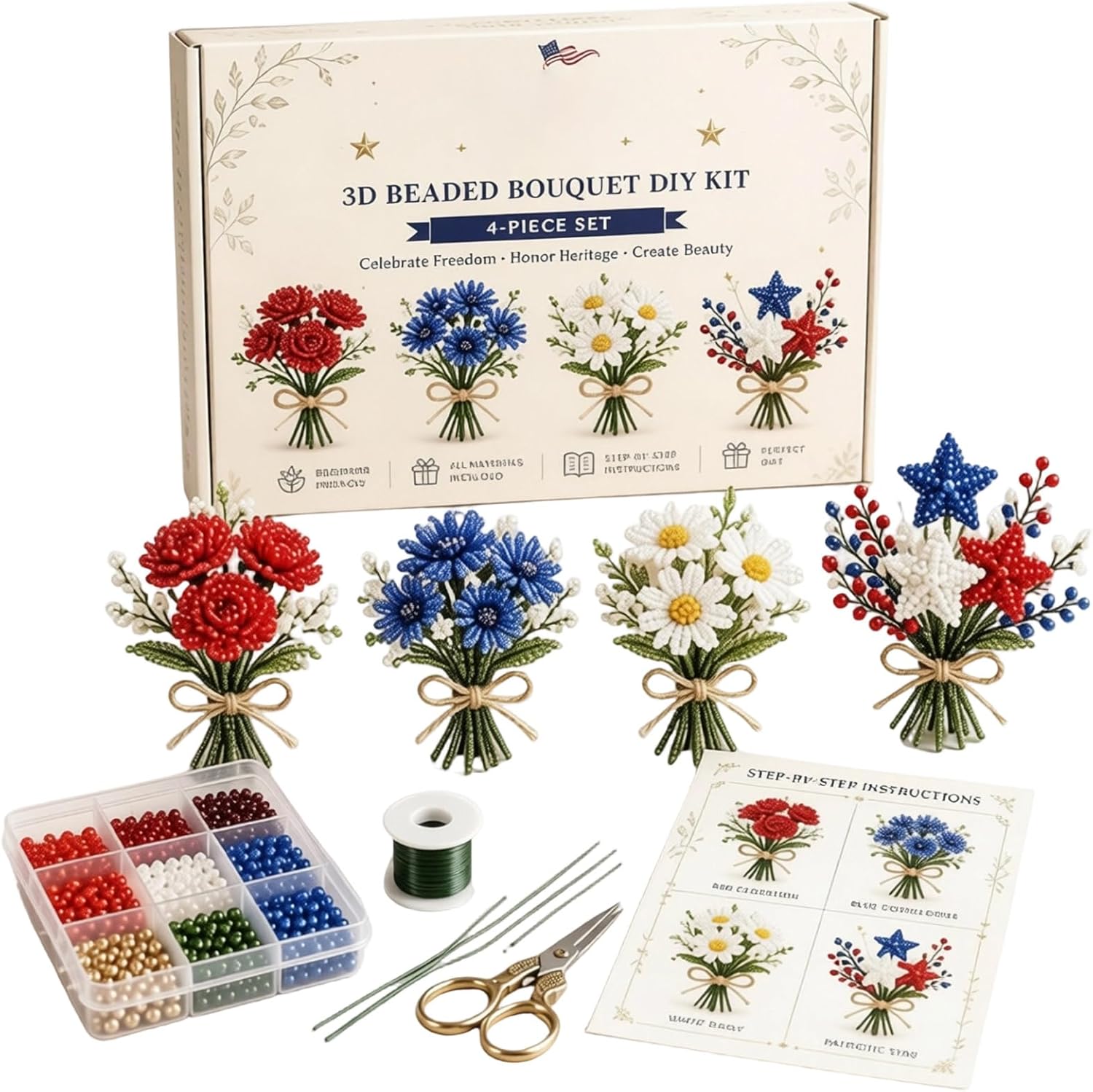 FQZWONG 4th of July Tiny 3D Beaded Bouquet DIY Kit 2026 Edition Patriotic Craft Collection Easy DIY Beading Embroidery Kit with 4 Cute Designs for Beginners & Craft Enthusiasts,with Instructions