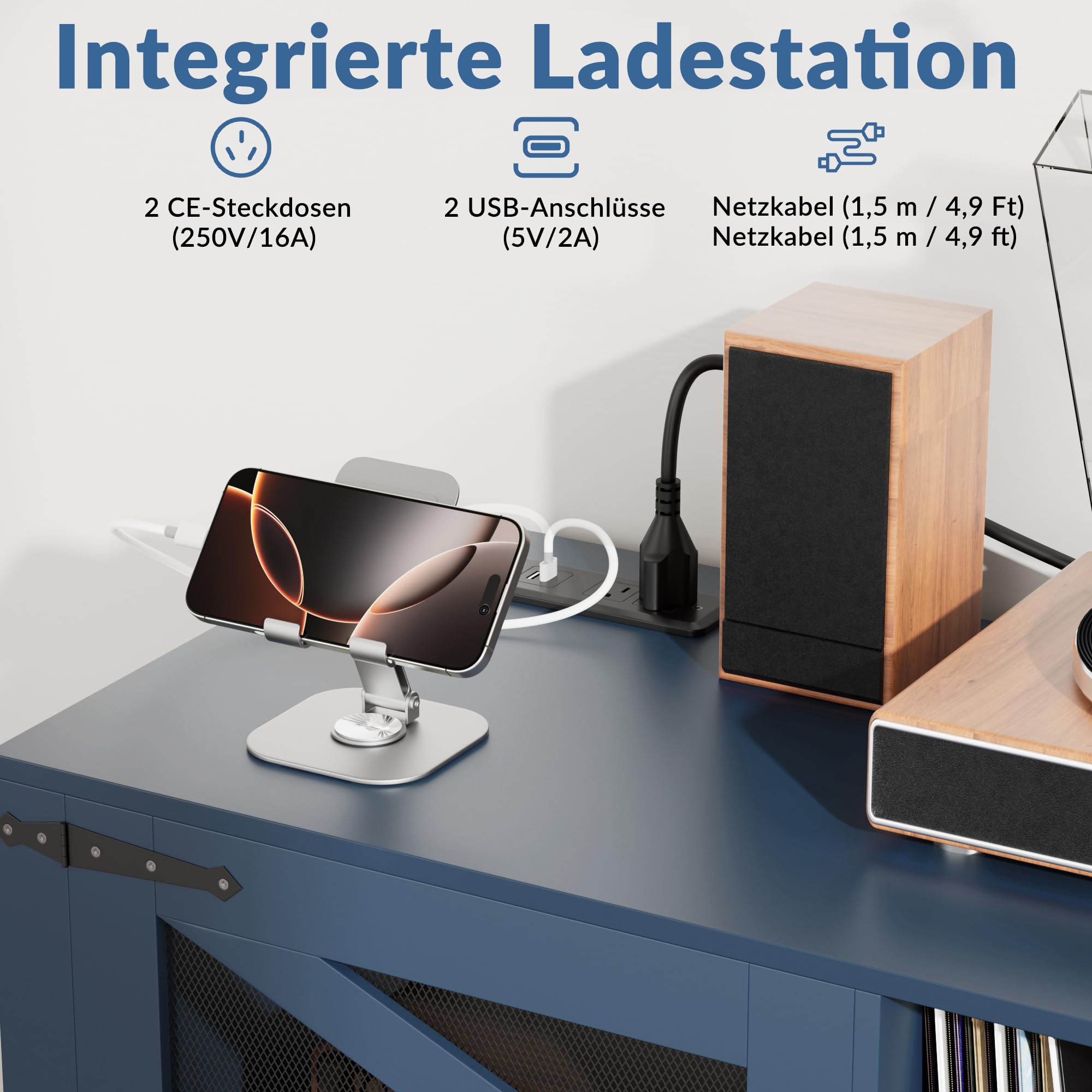 120 * 40 * 79cm MDF Vinyl Schallplattenständer ，Echtholz-Optik Ständer für bis zu 500, 2× Steckdose & 2× USB, Umfallschutz, Kompaktes Sideboard für Wohnzimmer & Plattenspieler (Blau)