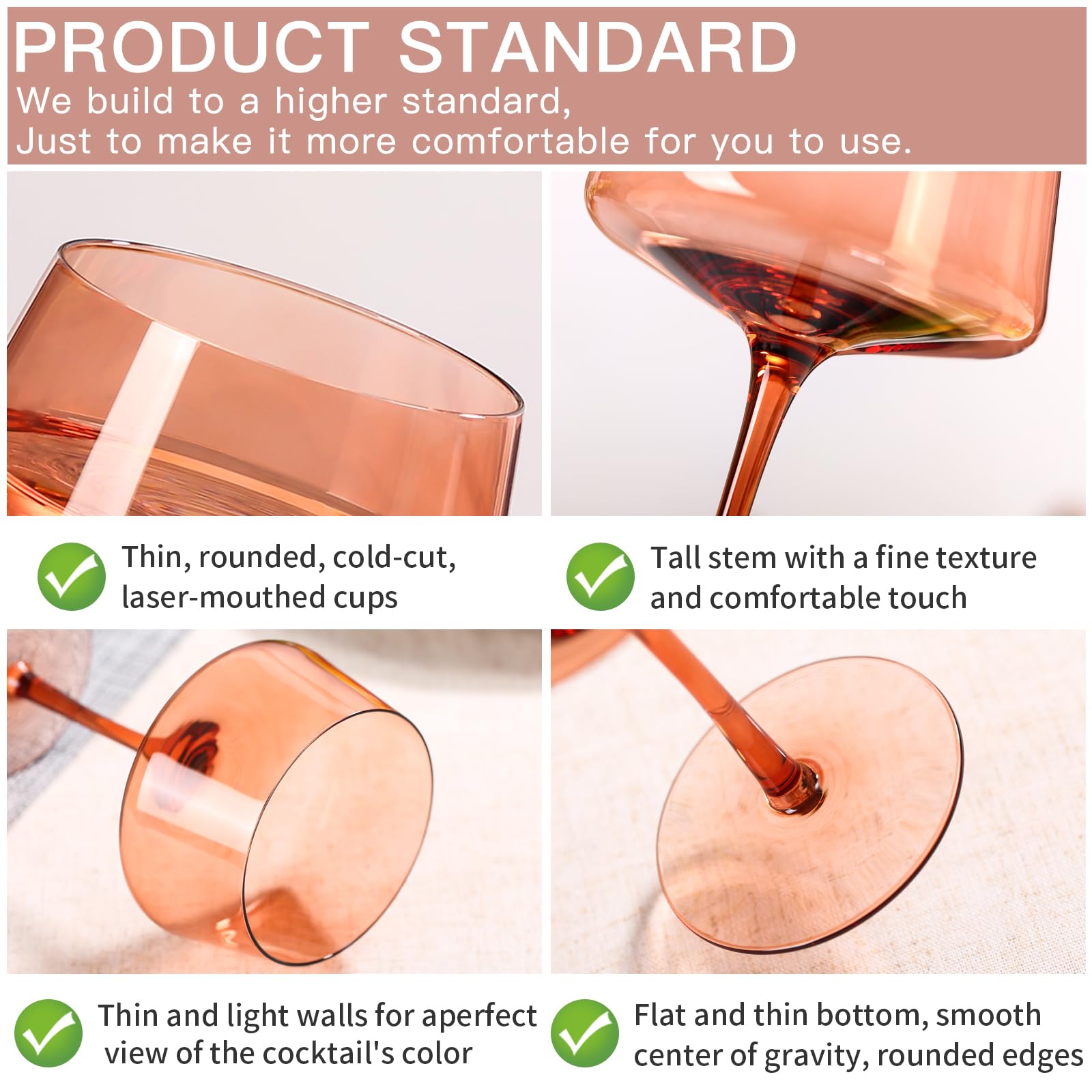 comfit Braunes Coupé-Gläser-Set, 170 ml, Martini-Gläser mit großem Fassungsvermögen, bernsteinfarbene Cocktailgläser, mundgeblasen, farbiges Champagnerglas, Hochzeitsgeschenke