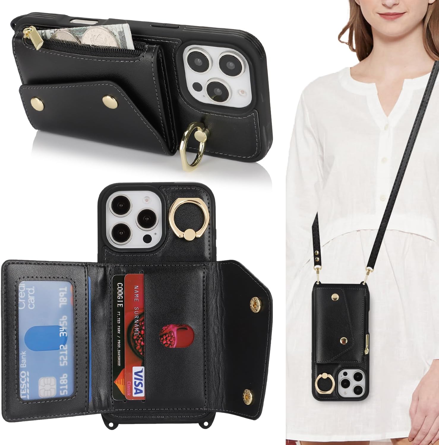 Lipvina for iPhone 16 Pro Case with Card Holder and Strap - Zipper Pocket,Crossbody Lanyard Strap,Credit Card Holder,Stand Ring,Cute Phone Wallet Case for Women(Black,6.3 Inch)