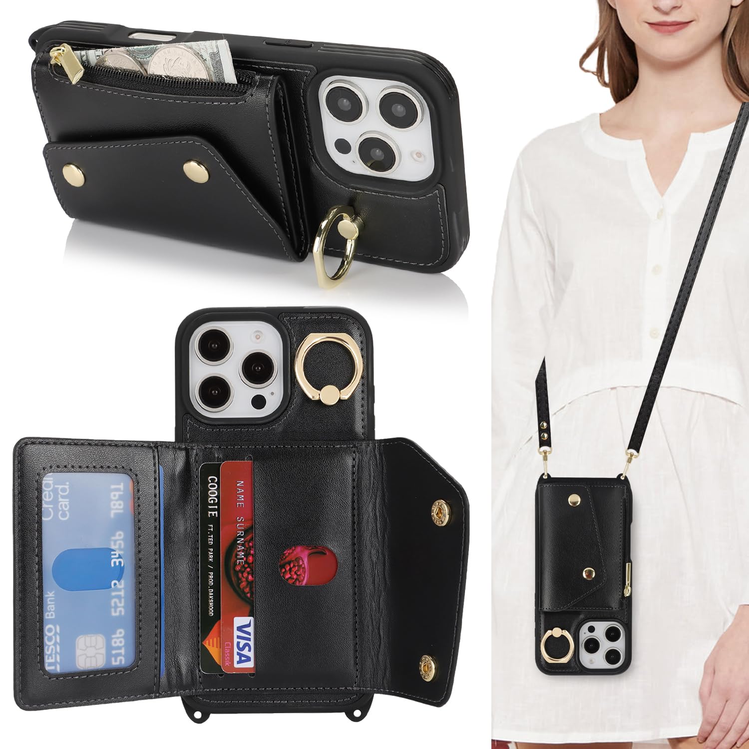 Lipvina for iPhone 16 Pro Max Case with Card Holder and Strap - Zipper Pocket,Crossbody Lanyard Strap,Credit Card Holder,Stand Ring,Cute Phone Wallet