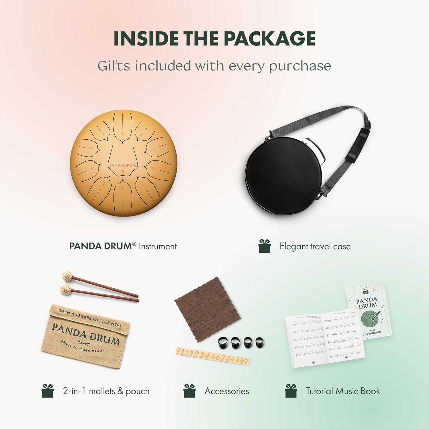 Panda Drum Plus (Sandstone) | Steel Tongue Handpan with Music Book, Mallets, Carrying Bag, Finger Picks | 11 inch, 432 Hz | Rain Drum for Inside, Outside | Calming Musical Instrument for Adults, Kids