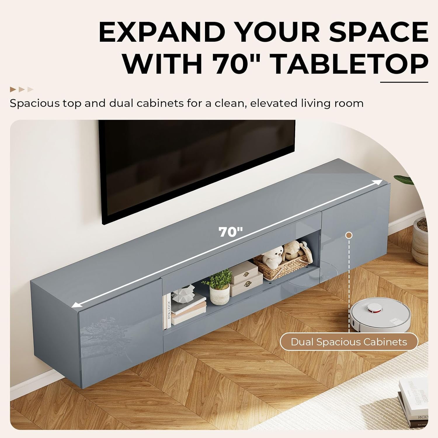 BREEZEHEAT 70'' Floating TV Stand, Wall Mounted TV Cabinet, High Glossy Entertainment Center-Modern Media Console Fits 65-80 Inches TV for Living Room/Bedroom, Remote Control,Grey