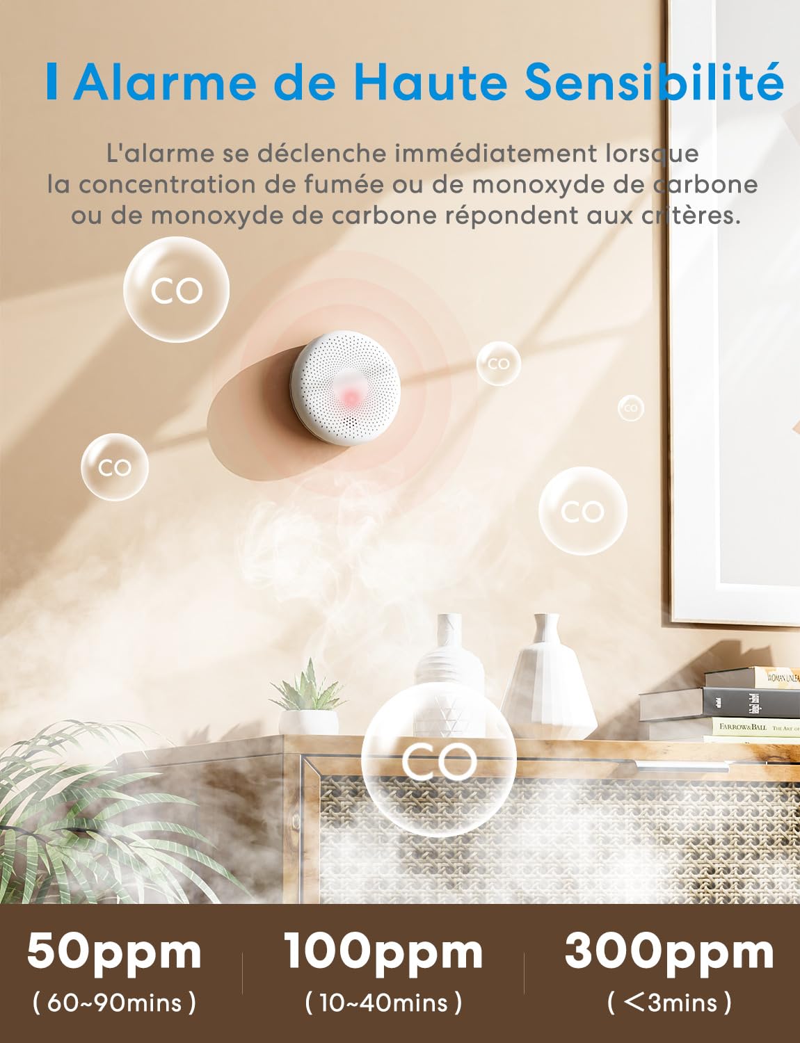 Meross Détecteur de Fumée et de Monoxyde de Carbone, Détecteur Combiné avec Pile de 10 Ans, Sirène Puissante, Auto-Vérification et Bouton de Test, Alarme de Fumée et de CO Certifié EN14604 et EN50291