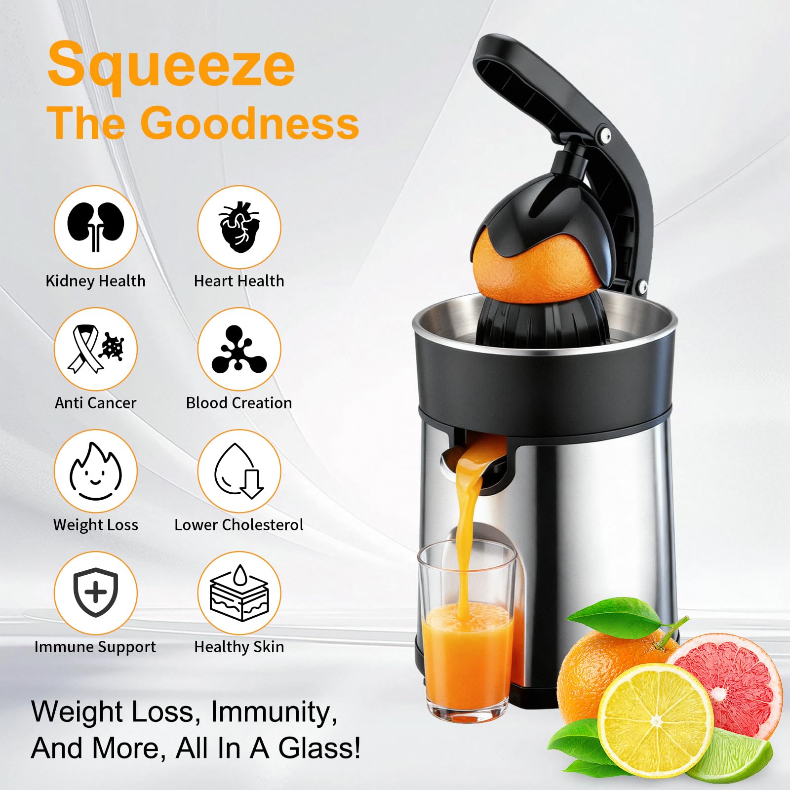 Romon Presse Agrumes Électrique, Presse Electrique Machine a Jus 85W Manuel Petit en Inox 2 Sens Rotation Système Anti-goutte sans BPA pour Oranges Citron Agrumes