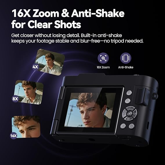 Digital Camera 4K for Photography Vlogging: 50MP Cameras for Video - 16X Zoom Photo Camera Gifts for Teens Ages 8-16 - 180Flip Screen Compact Camara - Point and Shoot Digital Cameras for YouTube