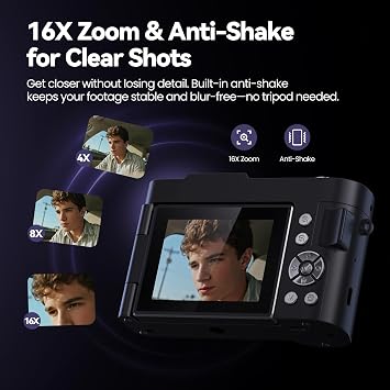 Digital Camera 4K for Photography Vlogging: 50MP Cameras for Video - 16X Zoom Photo Camera Gifts for Teens Ages 8-16 - 180Flip Screen Compact Camara - Point and Shoot Digital Cameras for YouTube