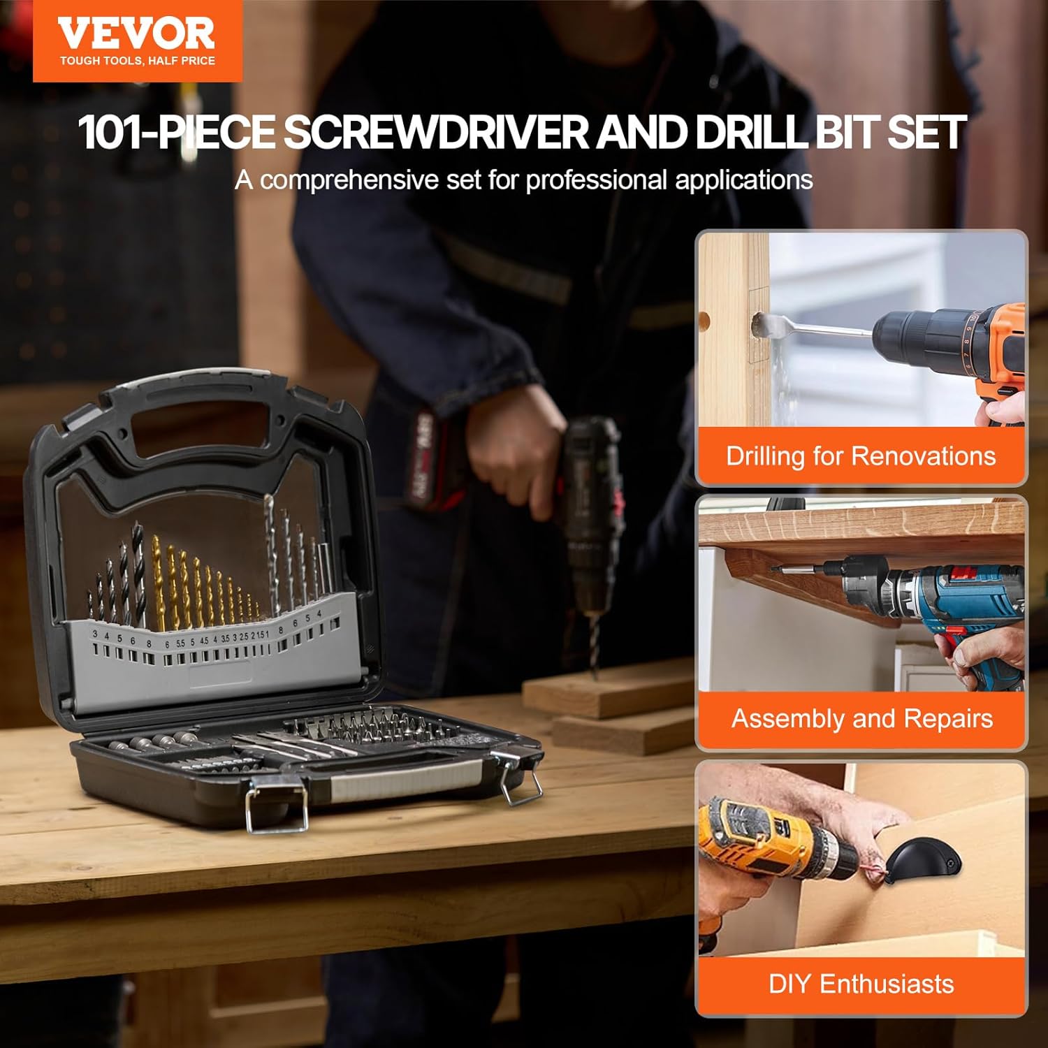 VEVOR Drill Bit Set, 101 Pieces Drill and Driver Bit Set, Screwdriver Bit Set Suitable for Wood Metal Cement Drilling and Screw Driving, Drill Bit Sets Combo Kit Assorted in Organized Carrying Case