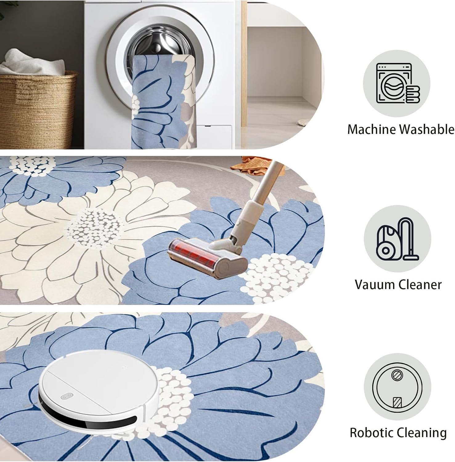 Modern Floral Rug 5x6.6Ft Boho Rectangular Bedroom Carpet for Girls Kids Playroom Dining Room Dorm Office Farmhouse, Nonslip Washable Flowers Floor Mat, 5x7, Indoor Decor, Blue/White