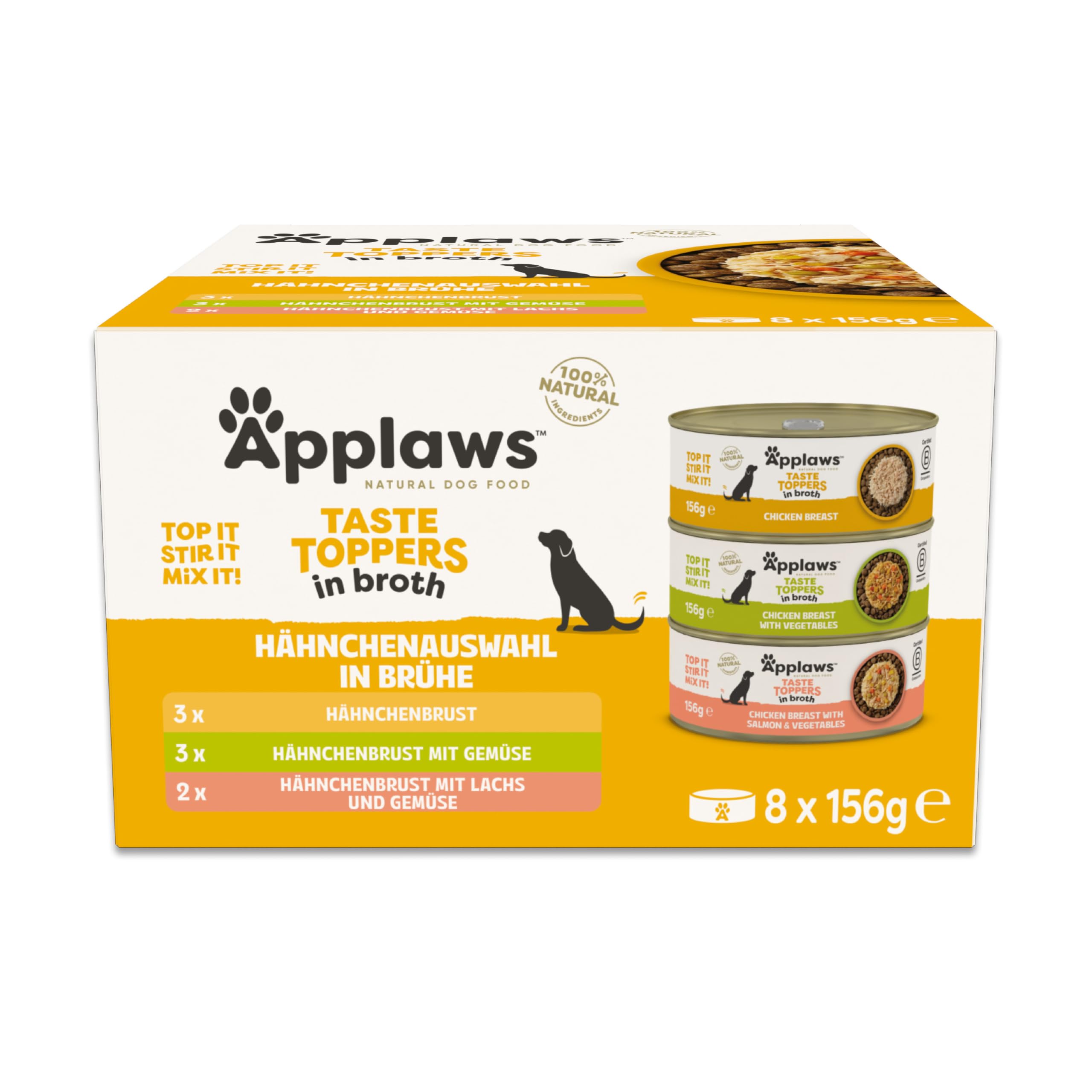 Applaws Premium Natürlich Nassfutter für Hunde, Adult Chicken Selection in Brühe 8 x 156g Dose