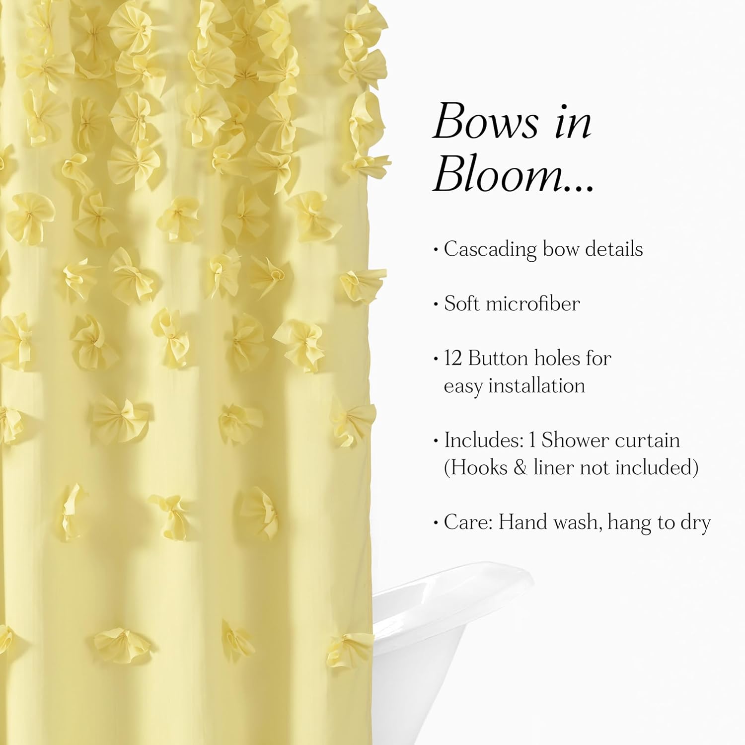 Lush Decor Riley Shower Curtain, 72" W x 72" L, Yellow - Bathroom Curtain - Coquette Decor - Bow Shower Curtains - Cottage Core - Fabric Shower Curtains