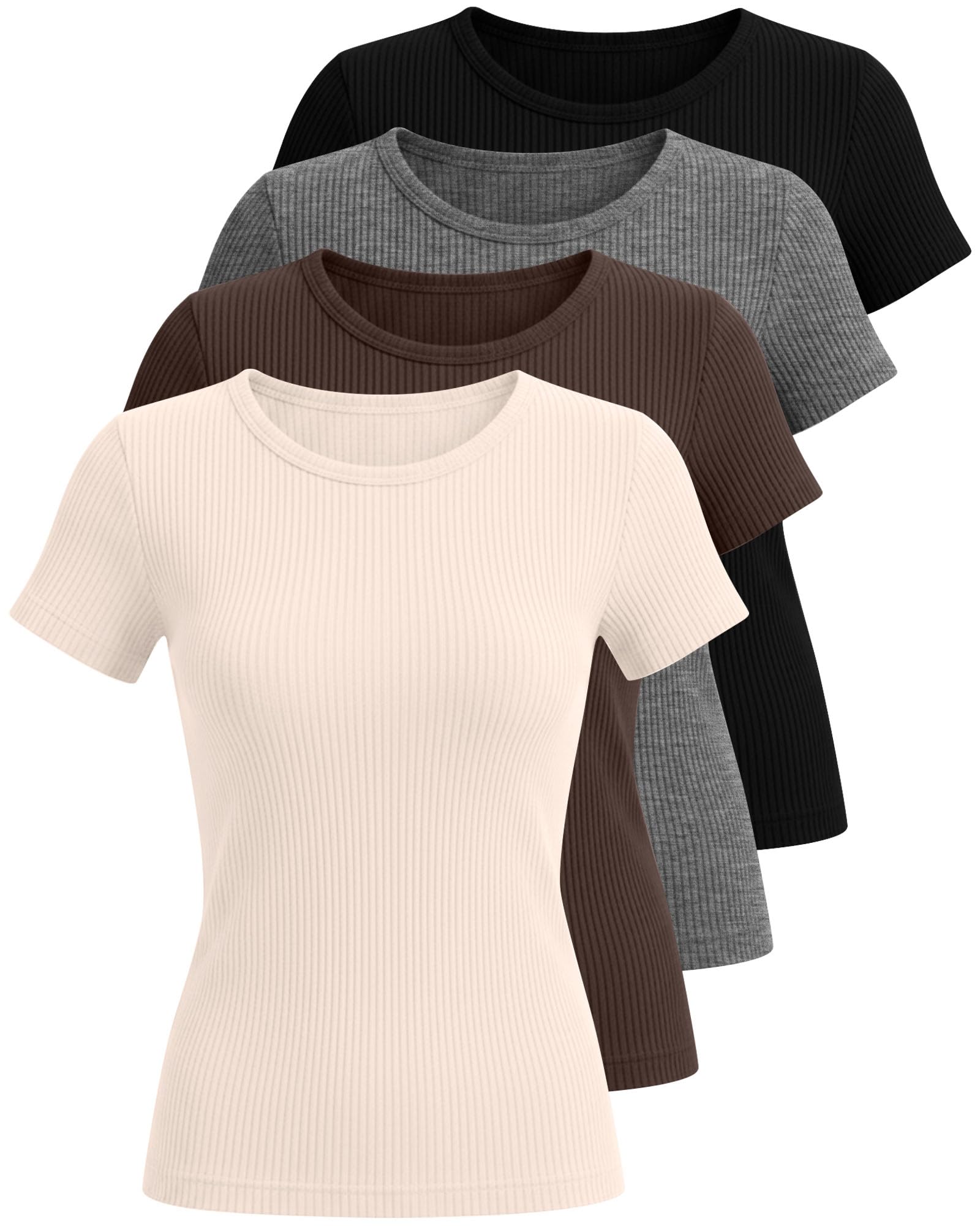 Neer Paquete de 4 camisetas acanaladas de algodón de manga corta para mujer, camisetas básicas de cuello redondo, camisas casuales de moda de verano 2026