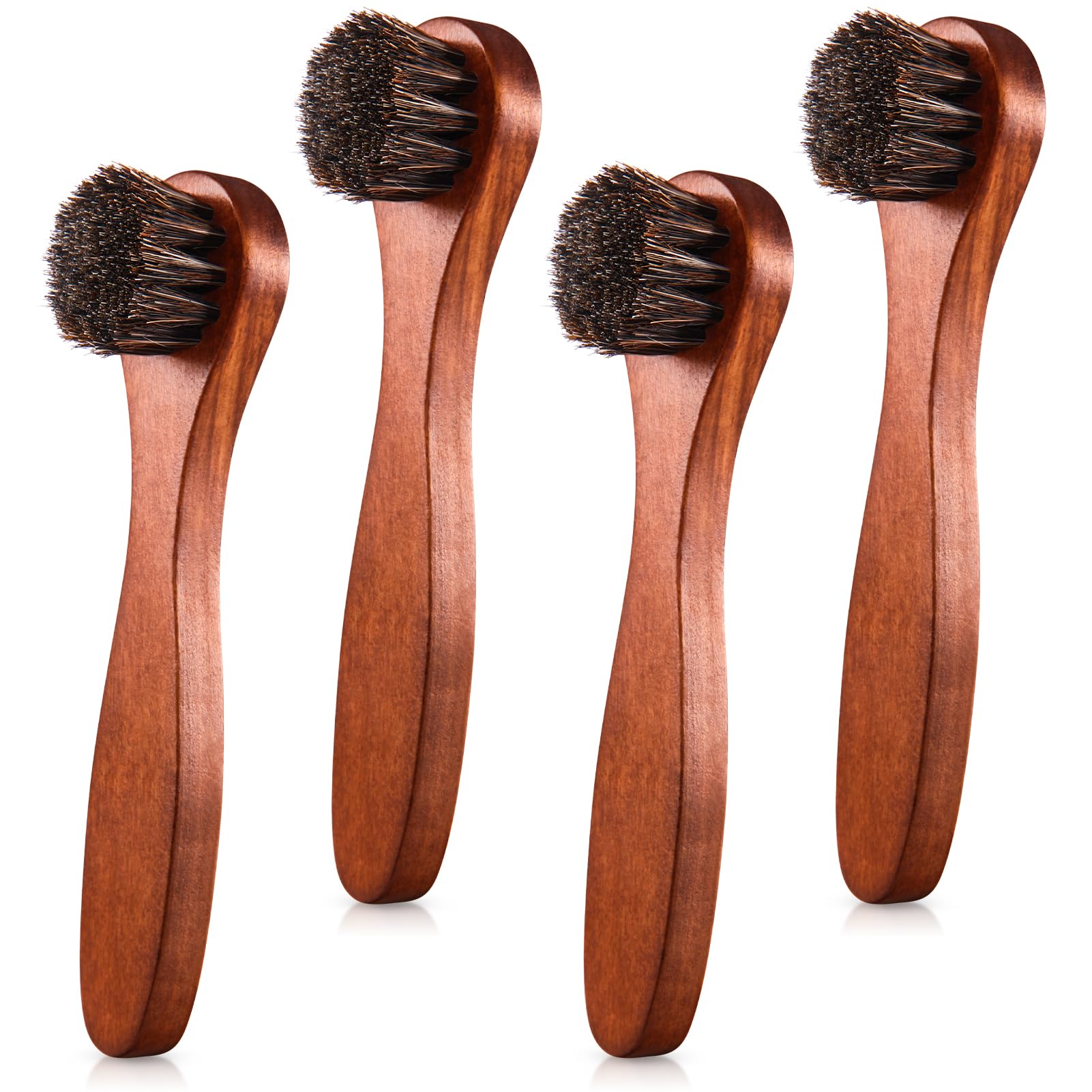 4 Pcs Horsehair Shine Shoes Brush Kit Polish Dauber Applicators Cleaning Leather Shoes Boots Care Brushes Suede Cleaner Brush with Microfiber Shoe Cloth(Brown Handle A)