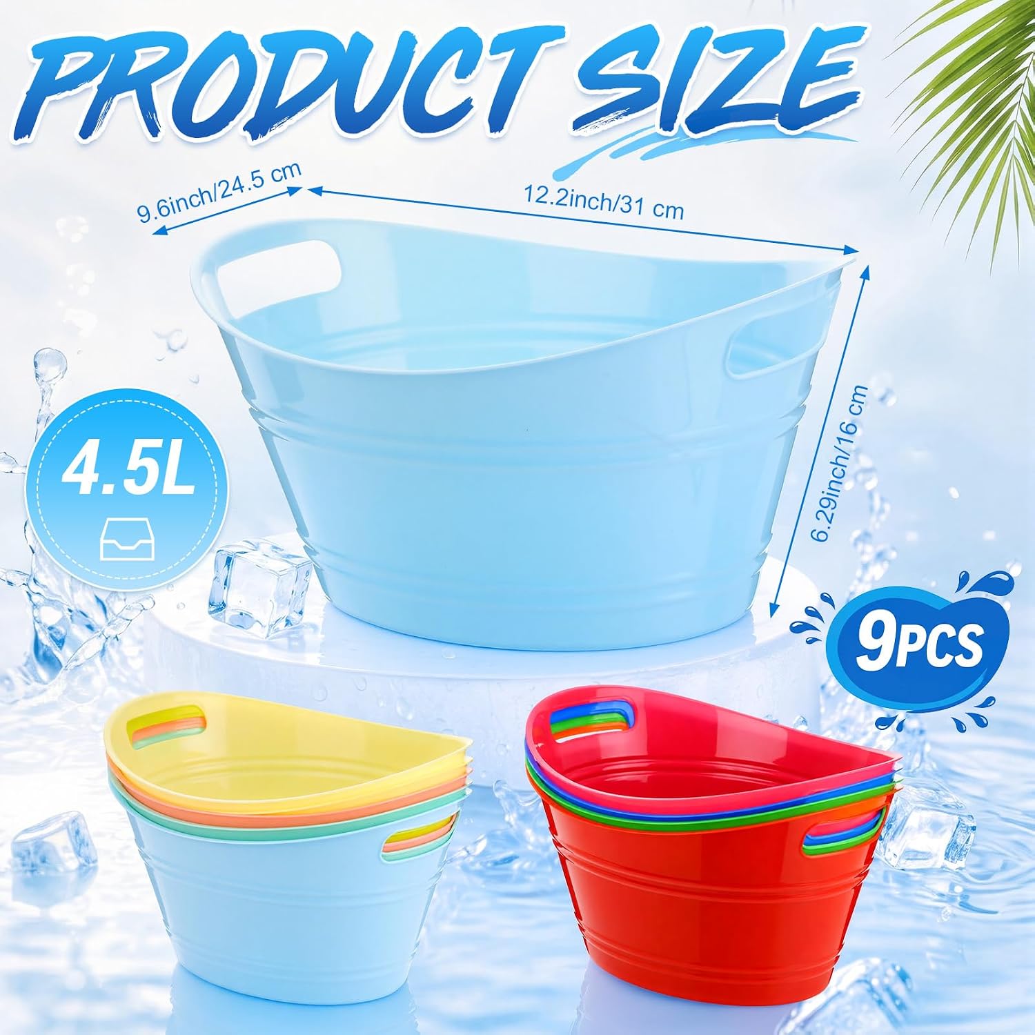 meekoo 9 Pcs Colorful Plastic Ice Buckets Bulk 4.5l Oval Beverage Cooler Tub with Handles for Wine Beer Champagne Drink Large Capacity Storage Container for Parties BBQ Weddings Outdoor Celebrations