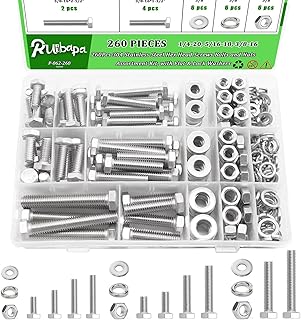 260Pcs Stainless Steel Hex Head Screws Bolts and Nuts Assortment Kit, with Flat & Lock Washers,1/4-20, 5/16-18, 3/8-16 Assorted Hex Bolts Nuts and Washers Set, 18-8(304) Full Thread with Case