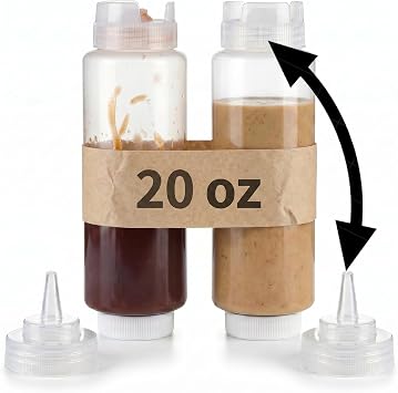 Condiment Squeeze Bottles 2 Pack of 20 oz - Squeeze Condiment Bottles for Sauces Commercial Grade Plastic Dispensers for Ketchup, Mustard, Sauces, Oils & Dressings - Easy Refill, Precision Nozzle