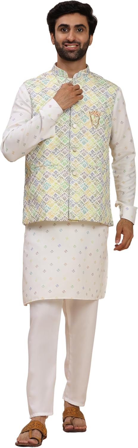 Pro-Ethic Style Developer Mens Cotton Printed Kurta Trouser Set With Waistcoat (Nehru Jacket) (C-128)