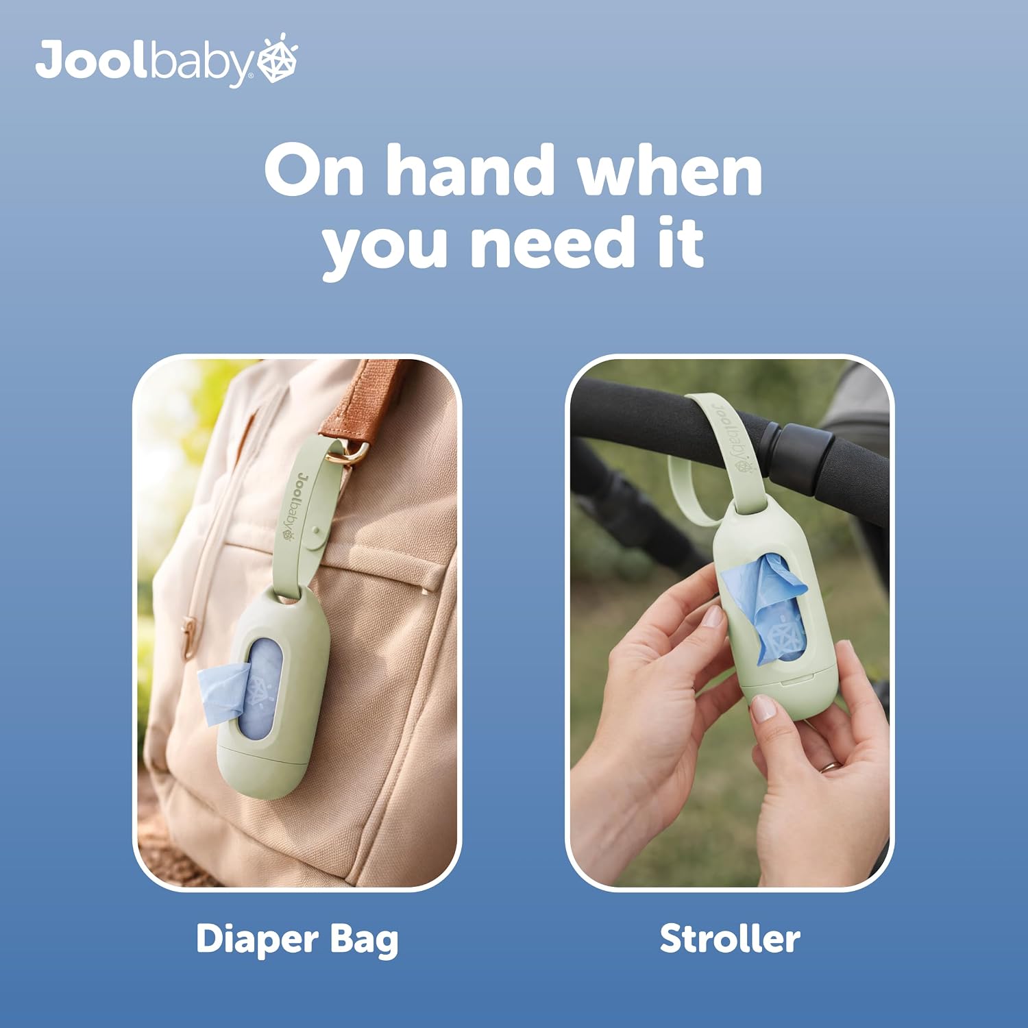 Jool Baby Disposable Diaper Bag Dispenser (Sage) + 3 Refill Rolls (Lavender-Scented) - Attaches to Stroller or Diaper Bag for On-the-Go Convenience