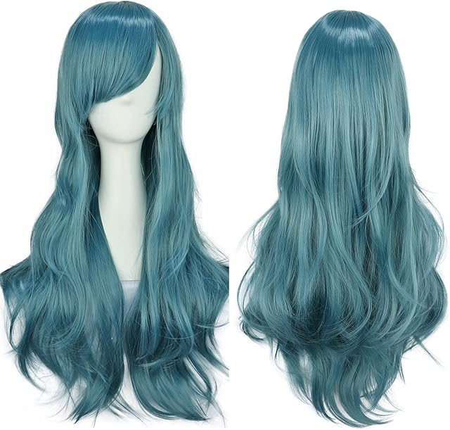 YEESHEDO Women's 28" 70 cm Cosplay Wig Long Wavy Curly Hair Ends with Bangs Wigs for Girls Heat Resistant Synthetic Wig for Party Costume Anime Halloween (Ash Blue)