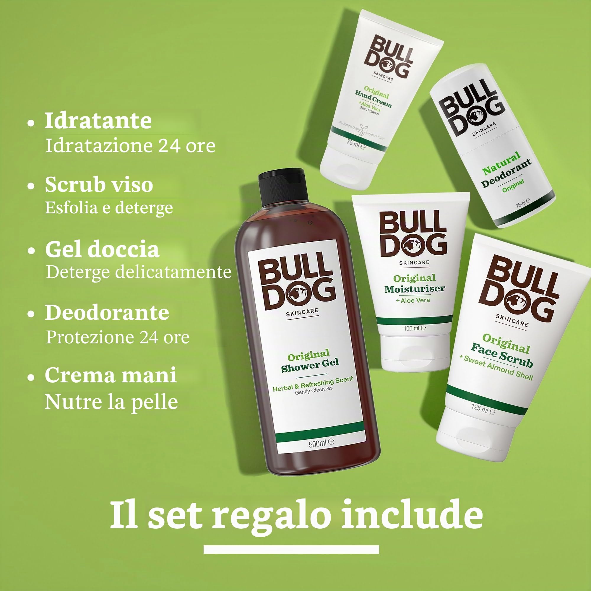 BULLDOG SKINCARE, cofanetto regalo uomo per il corpo, 5 pezzi | Cofanetto regalo di prodotti Bulldog per il corpo: gel doccia, scrub viso, crema idratante, deodorante roll on e crema mani