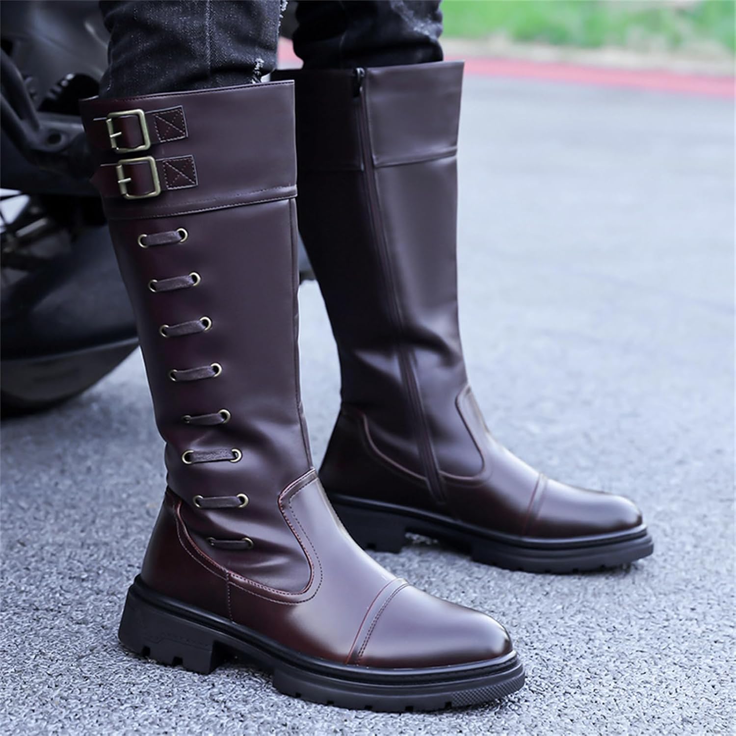 Men's Leather Side Zipper Knee High Knight Boots Platform Chunky Comfortable Warm Retro Motorcycle Boots For Autumn Winter Daily Riding Outdoor Camping