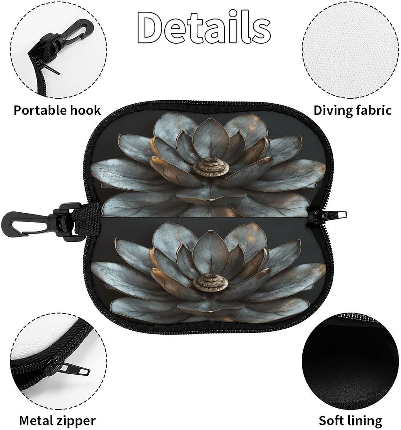 Dark Large Flower Glasses Case for Women Men Waterproof Sunglasses Case with Carabiner Clip Soft Eyeglass Pouch for Prescription/Reading/Computer/Sports Goggles Travel Eyewear Organizer