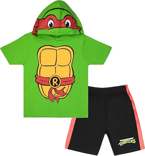 Nickelodeon Teenage Mutant Ninja Turtles - Disfraz de 2 piezas para niños, conjunto de camiseta y pantalones cortos TMNT con capucha y pantalones
