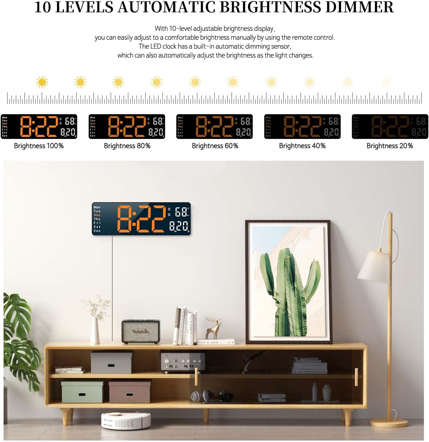 Illustration showing 10 levels of brightness for the Abovsare Digital Wall Clock, from 100% to 20% brightness.