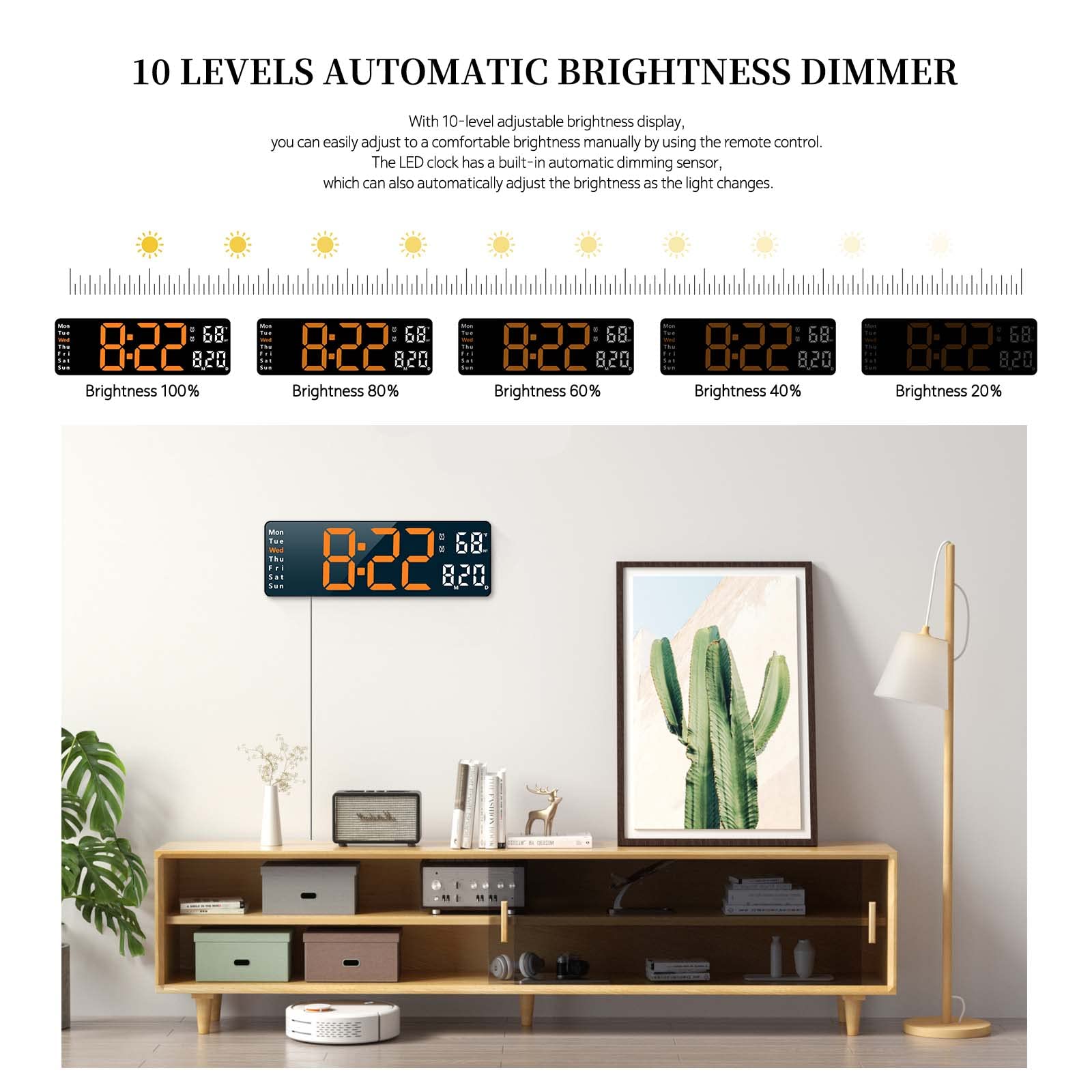 Horloge murale numérique pour décoration de salon, bureau pour chambre à coucher, grande horloge murale avec télécommande, horloge LED à intensité variable automatique avec date, température et