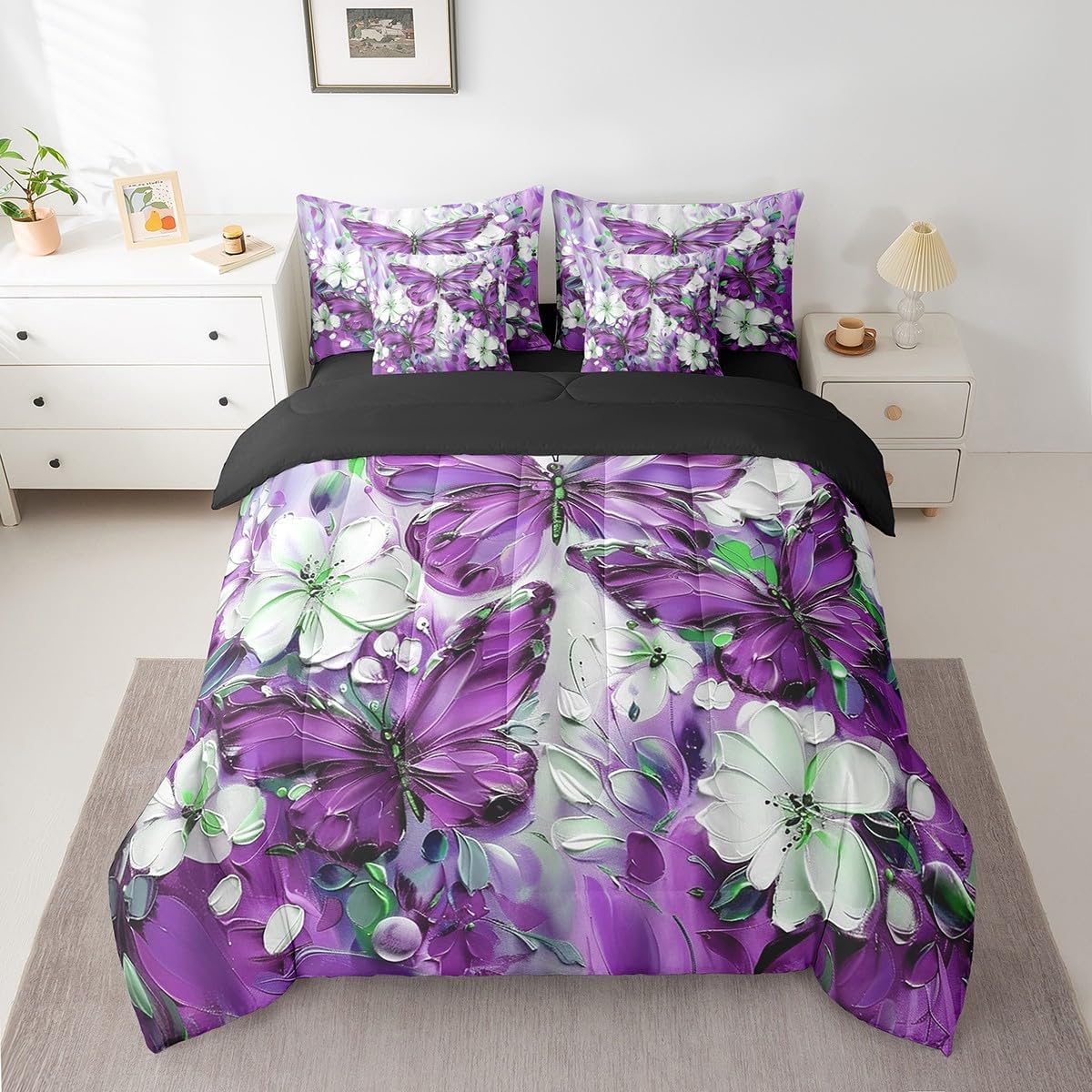 Erosebridal 7 Piece Purple Butterfly Queen Comforter Set with Sheets for Girls Teen Women,White Flowers Oil Painting Boho Bed in A Bag Floral Butterfly Bedding Set,Retro Bohemian Animal Bed Set