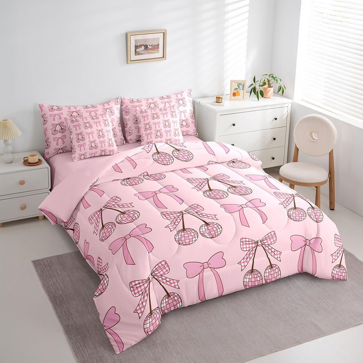 Erosebridal 7 Piece Pink Bow Comforter Set Full,Pink Disco Ball Cowgirl Bedding Set for Girls Kids,White Pink Plaid Bows Bed Set Cute Bowknot Cherry Bed in a Bag with Fitted+Flat Sheet,Pillowcases