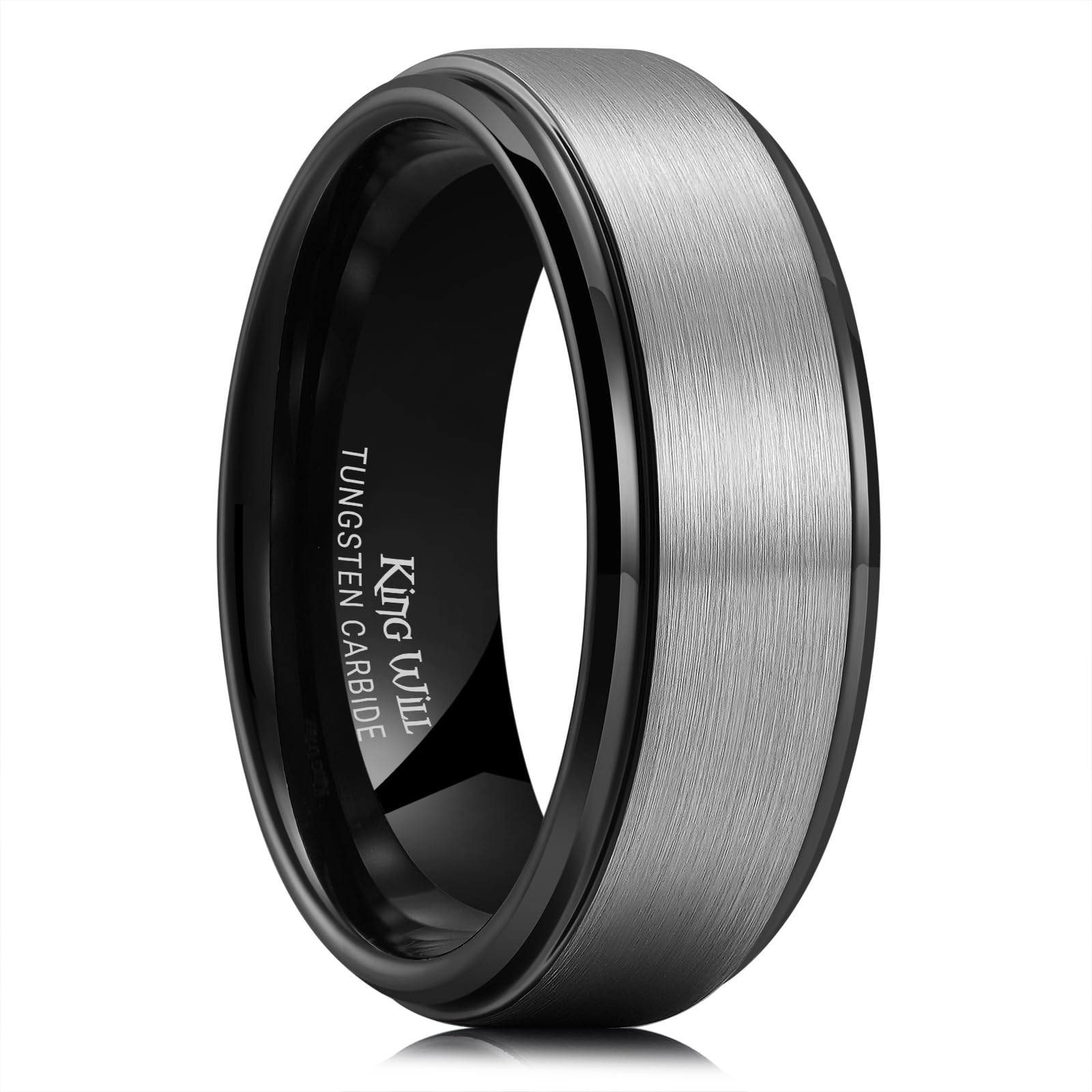 King Will Mens Brushed Wedding Band, Two Tone Matte Step Edges/Pipe Cut, Tungsten Carbide Anniversary Promise Rings Comfort Fit