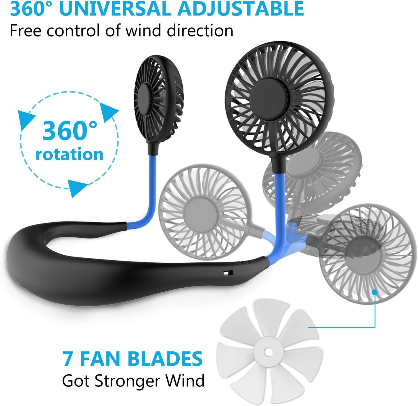 Hand Free Mini USB Personal Fan - Rechargeable Portable Headphone Design Wearable Neckband Fan,3 Level Air Flow,7 LED Lights,360 Degree Free Rotation Perfect for Sports,Office and Outdoor (blue) : Electronics