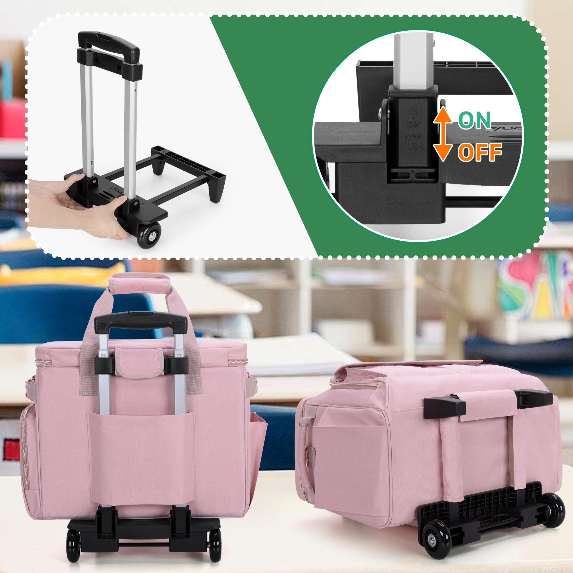 Luxja Bolsa de Profesora con Ruedas con Compartimento para Computadora Portátil y Plataforma Rodante Desmontable, Bolso para Maestra con Área de Archivo de Acordeón (Solo Bolsa), Rosa