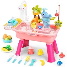 Play Sink with Running Water Table for Toddlers, 4 in 1 Kids Kitchen Sink Toy with Functional Faucet, Play Food, Kitchen Accessories, Floating Animal Fishing Game, Pretend Play Dishwasher for Kids